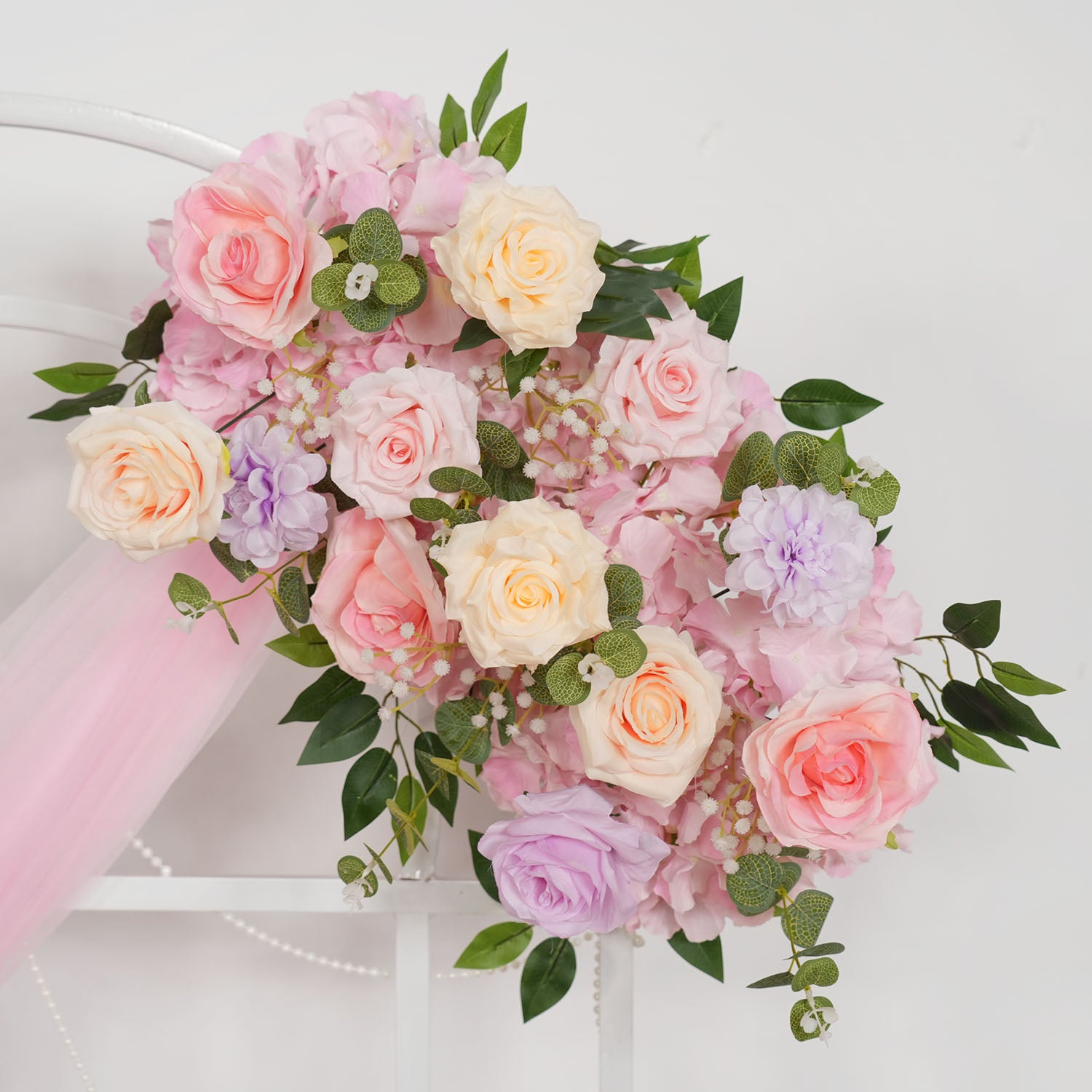 Uflower Artificial Pink Purple Rose Green Leaf Flower Row Wedding KT Backdrop Decor